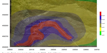 Una figura che illustra la distribuzione delle polveri fini PM10 nella zona del Colle dell\u0027Assietta.