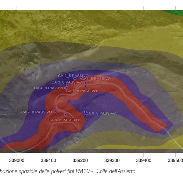 Une figure qui illustre la distribution des particules fines PM10 dans la zone du Colle dell\u0027Assietta.