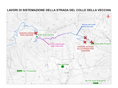 La cartografia della zona interessata dal cantiere con l\u0027indicazione del tratto chiuso alla frequentazione.