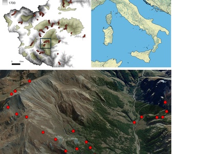 Mappes de la zone d\u0027étude avec les 254 points d\u0027écoute surveillés le long du gradient altitudinal dans les Alpes Occidentales. L\u0027image ci\u002Ddessous montre en détail deux exemples de transects altitudinaux avec des points d\u0027écoute dans le Parc Naturel de la Val Troncea, Pragelato.